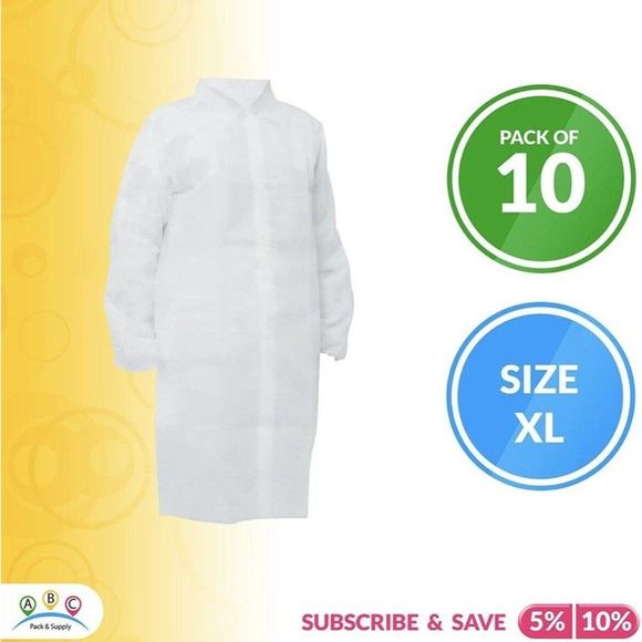 White Disposable Lab Coats XL Size Pack Of 10 Surgical Lab Coats 40 GSM Poly NIP - Picture 3 of 11